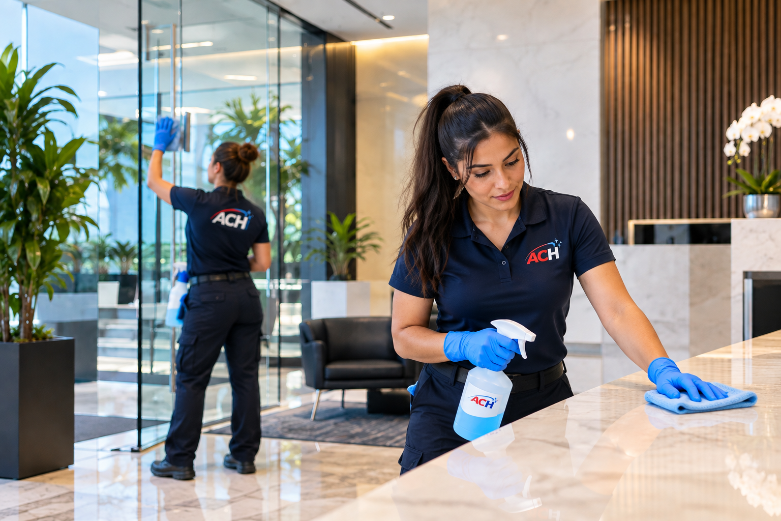 ACH Commercial Cleaning Group professional cleaners in a modern commercial facility